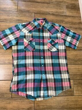 Vintage Fly plains 80s  Western pearl snap button up  plaid short sleeve shirt L